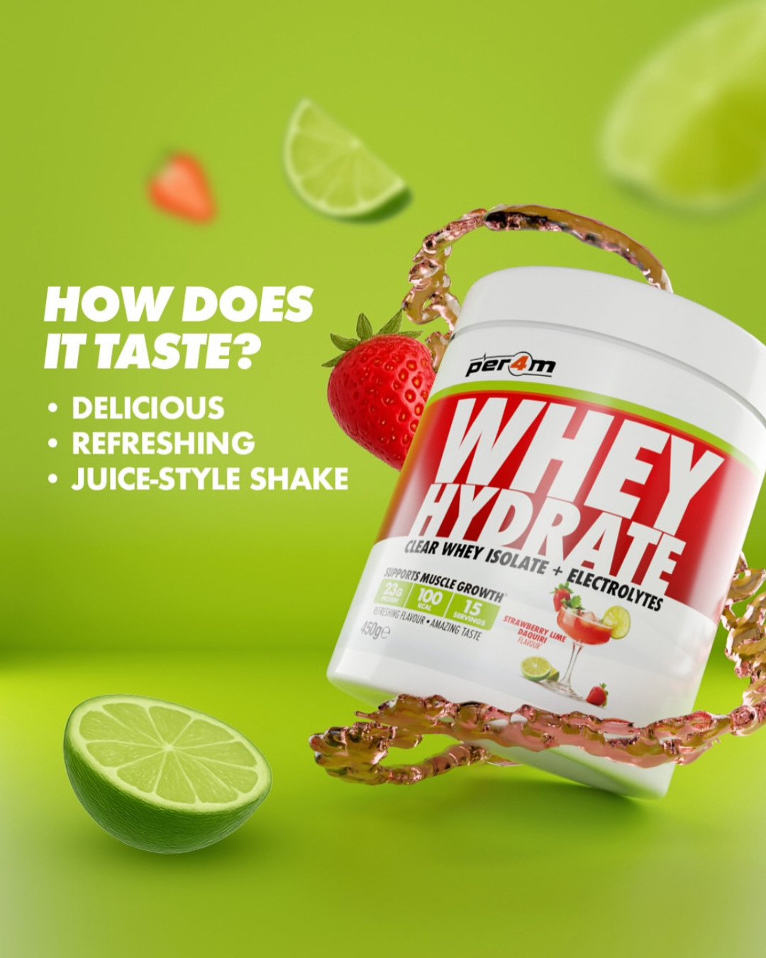 Per4m WHEY Hydrate Clear Whey  protein Isolate Strawberry Lime Electrolytes | Megapump