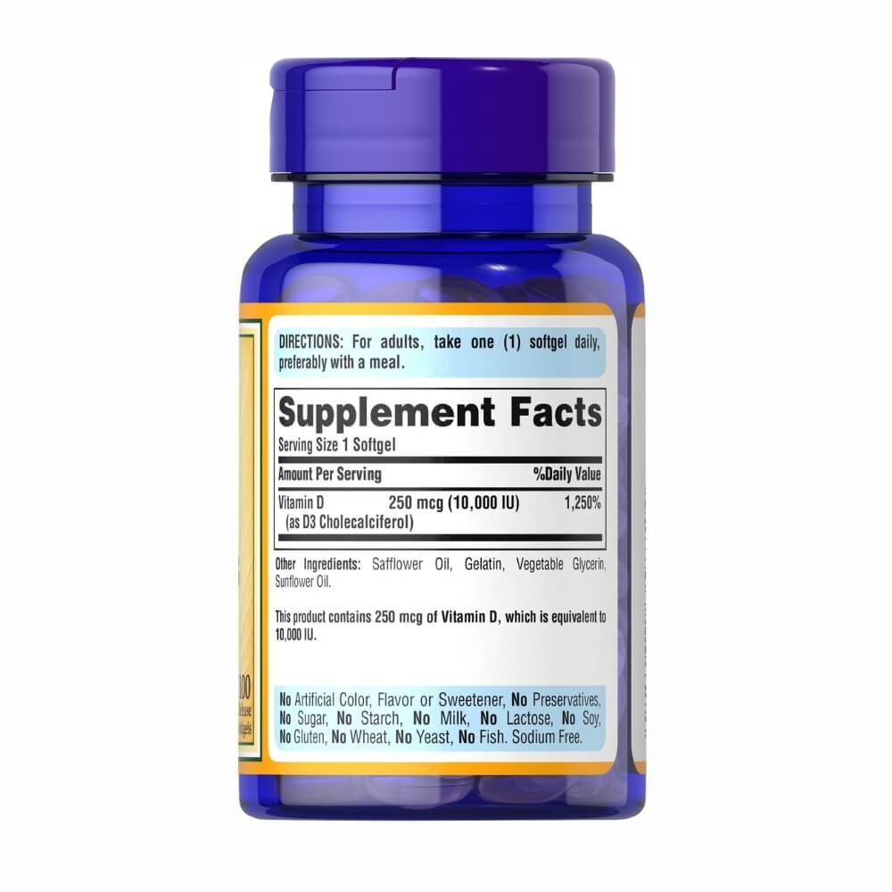 Vitamin D3 10.000 IU (250 mcg) Puritans Pride - 100 softgels | Megapump