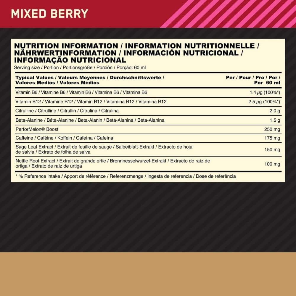 Optimum Nutrition Gold Standard Pre-Workout Shot Mixed Berry, Food Supplement with Beta Alanine, Caffeine and Vitamin B6 and B12 | Megapump