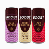 Boost Iced Coffee ready-to-drink (RTD) can, 250ml, Double Espresso, Mocha, and Caffè Latte. Perfect for a refreshing, on-the-go coffee experience | Megapump