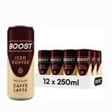 Boost Iced Coffee Cans Caffe Latte | 12 Canned Drinks with High Caffeine, Arabica and Robusta Coffee Beans and Milk | Ice Coffee Bulk Drinks | Gluten Free Flavoured Coffee Drinks Multipack | 12x250ml