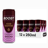 Boost Iced Coffee Cans Mocha | 12 Canned Drinks with High Caffeine, Arabica and Robusta Coffee Beans and Milk | Ice Coffee Bulk Drinks | Gluten Free Coffee Chocolate Mocha Drinks Multipack | 12x250ml